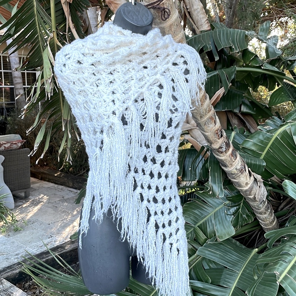 Hand crocheted and fringe triangle scarf